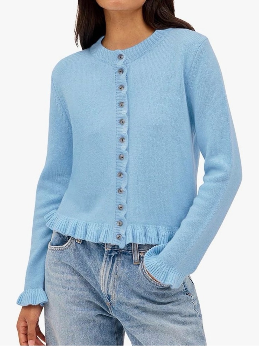 a new day Light Blue Ruffle-Trim Button Cardigan